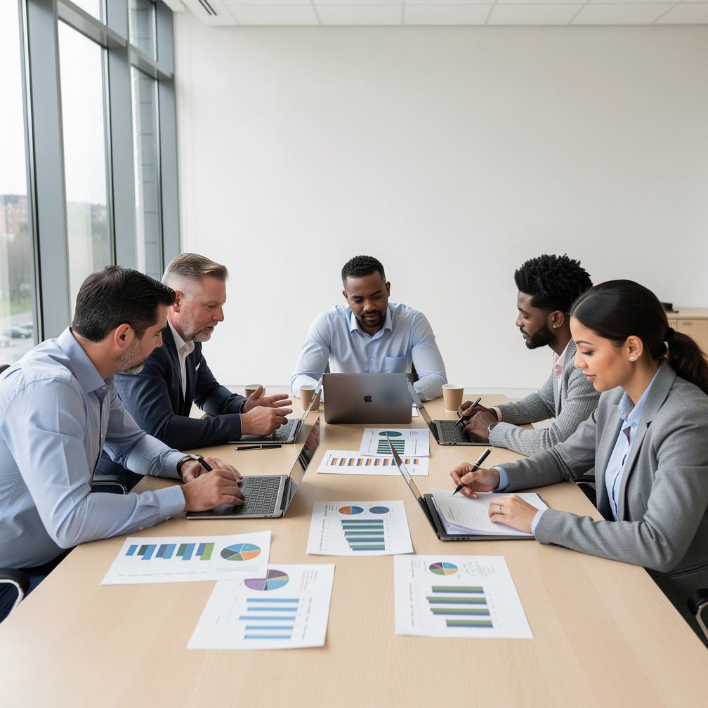 Diverse team analyzing organizational data in a meeting