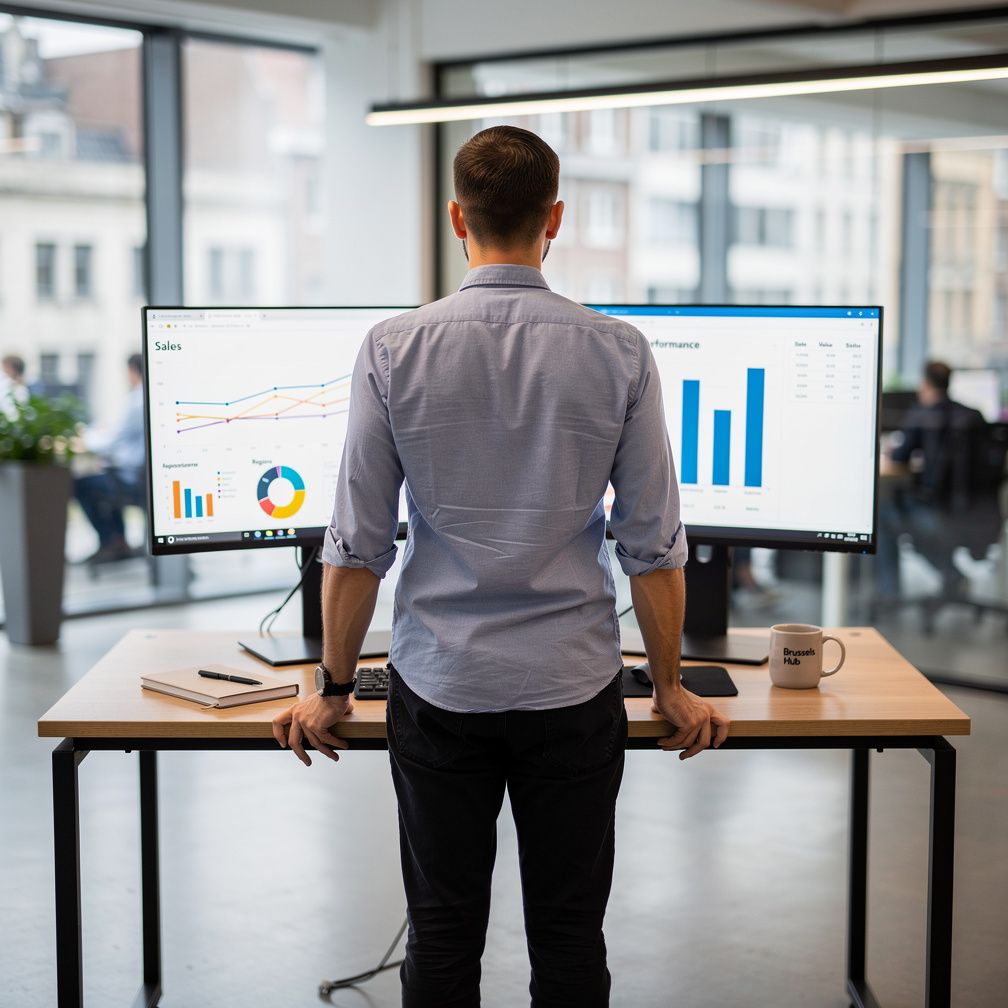 Man working at a standing desk with dual monitors